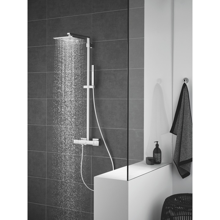 Sistem de dus cu termostat Grohe Euphoria Cube 230 XXL, montare aparenta, proiectie 400 mm, ajustabil, para dus inclusa, 2 functii, anti-calcar, crom