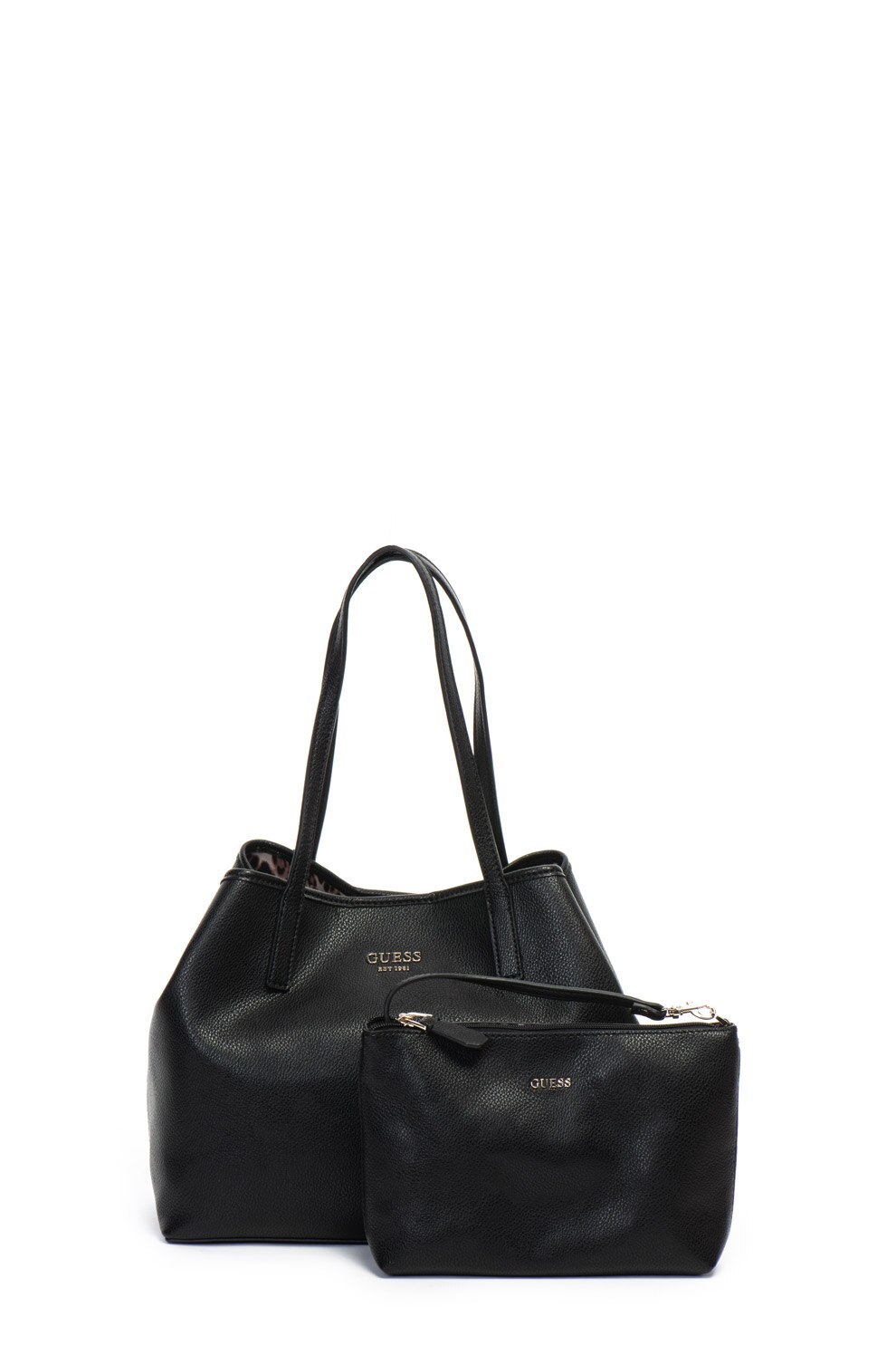 Guess, Geanta tote de piele ecologica, cu aplicatie logo, Negru