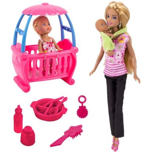 Set de joaca iMK® Papusa Betty cu 2 copii, patut si accesorii