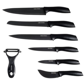 Set 6 cutite profesionale din titan pentru bucatarie plus decojitor fructe/legume, Cecotec, lama cu terminatie ceramica, maner carbon, negru Set 6 cutite profesionale din titan pentru bucatarie plus decojitor fructe/legume, Cecotec, lama cu terminatie ceramica, maner carbon, negru