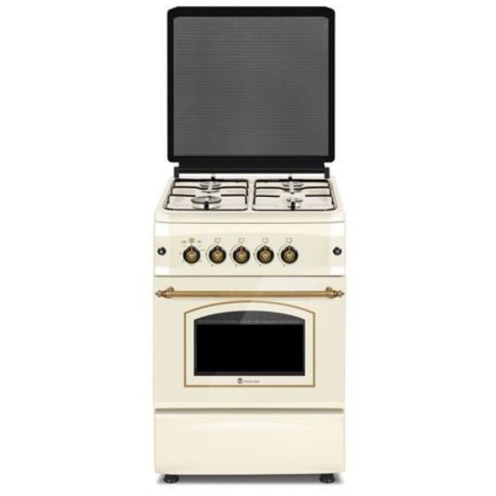 Aragaz rustic Studio Casa Verona Retro, 4 arzatoare gaz, cuptor pe gaz, aprindere electrica, 50/55 cm, grill, crem