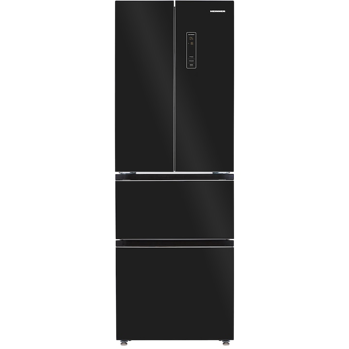 Frigider Side by side Heinner HCFD-H320GBKE++, 320 l, Total No Frost, FrenchDoor, Super Congelare, Display touch, Clasa E, H 185.5 cm, Sticla neagra
