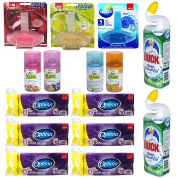 Pachet - 6 x Set Hartie igienica, Sano Optima, Soft & White, 2 Straturi, Parfum Floral, 10 role/Set + 2 x Duck lichid de WC, Pin, 750ml + 3 x Odorizant WC, SanoBon, 55g (Diferite arome) + 4 x Odorizant camera, Mega Air Bllitz, 260ml (Diferite arome) Pachet - 6 x Set Hartie igienica, Sano Optima, Soft & White, 2 Straturi, Parfum Floral, 10 role/Set + 2 x Duck lichid de WC, Pin, 750ml + 3 x Odorizant WC, SanoBon, 55g (Diferite arome) + 4 x Odorizant camera, Mega Air Bllitz, 260ml (Diferite arome)