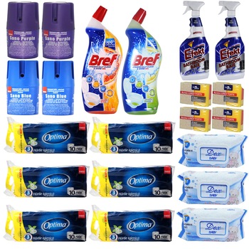 Pachet - 6 x Set Hartie igienica, Sano Optima, Soft & White, 10 buc/Set + 2 x Solutie pentru vasul toaletei, Bref, 700ml + 4 x Set Bureti, 2buc/Set + 3 x Servetele umede, 72buc + 2 x Efekt Baie, 750ml + 4 x Odorizant WC, Sano Purple, 150g Pachet - 6 x Set Hartie igienica, Sano Optima, Soft & White, 10 buc/Set + 2 x Solutie pentru vasul toaletei, Bref, 700ml + 4 x Set Bureti, 2buc/Set + 3 x Servetele umede, 72buc + 2 x Efekt Baie, 750ml + 4 x Odorizant WC, Sano Purple, 150g