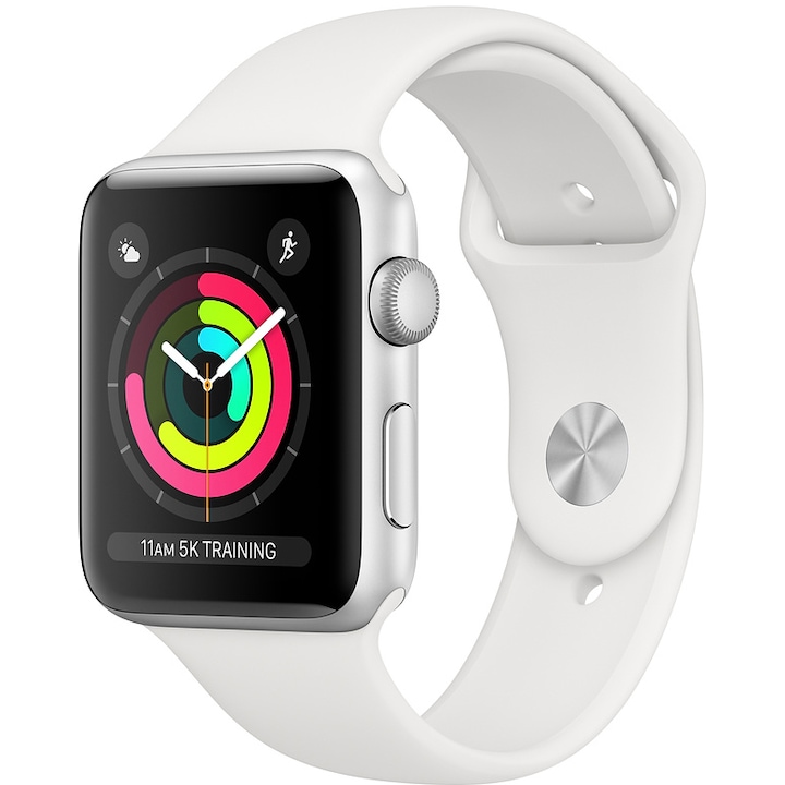 Apple Watch Series 3, GPS, Ezüstszínű Alumínium tok, Fehér sportszíjjal, 42 mm, Ezüst