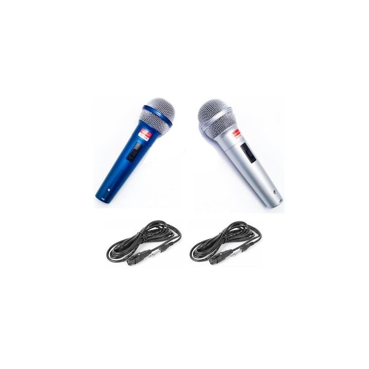 Set 2 microfoane profesionale pentru karaoke WVNGR, 50 - 16 kHz, Argintiu/Albastru
