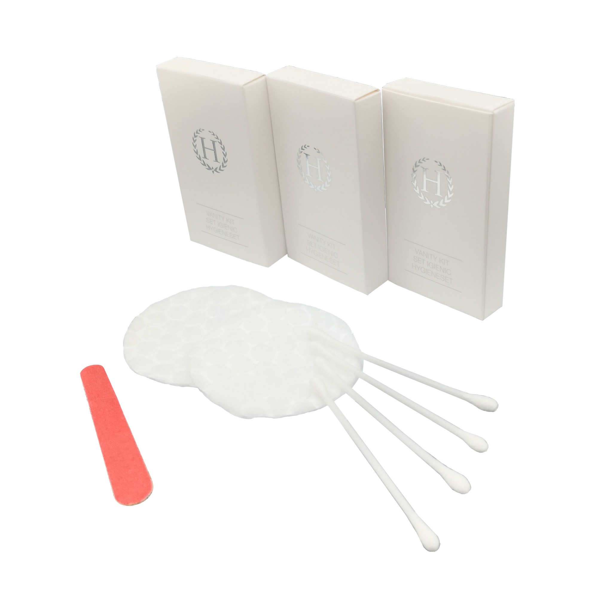 Set 100 bucati trusa demachiere,Contine:2 dischete demachiante,4 betisoare urechi,pila de unghii,ambalate in cutie de carton 'H' alba,brand AMS