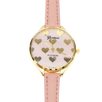 Ceas de dama Gold Hearts, curea roz din piele ecologica si cadran cu inimioare Ceas de dama Gold Hearts, curea roz din piele ecologica si cadran cu inimioare