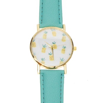 Ceas de dama Pineapple, curea bleu din piele ecologica si cadran cu ananas Ceas de dama Pineapple, curea bleu din piele ecologica si cadran cu ananas