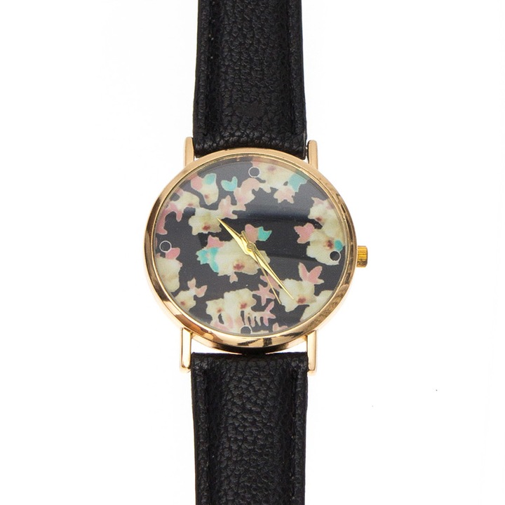 Ceas de dama Waterflowers, curea neagra din piele ecologica si cadran inflorat