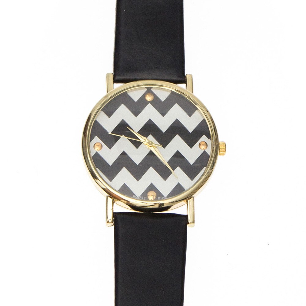 Ceas de dama Zigzag, curea neagra din piele ecologica
