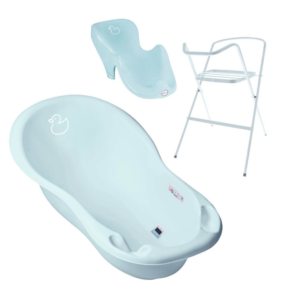 Set Cadita 102 cm cu suport metalic si suport anatomic Duck Albastru