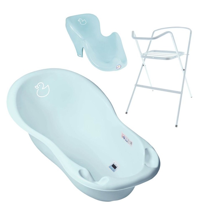 Set Cadita 102 cm cu suport metalic si suport anatomic Duck Albastru