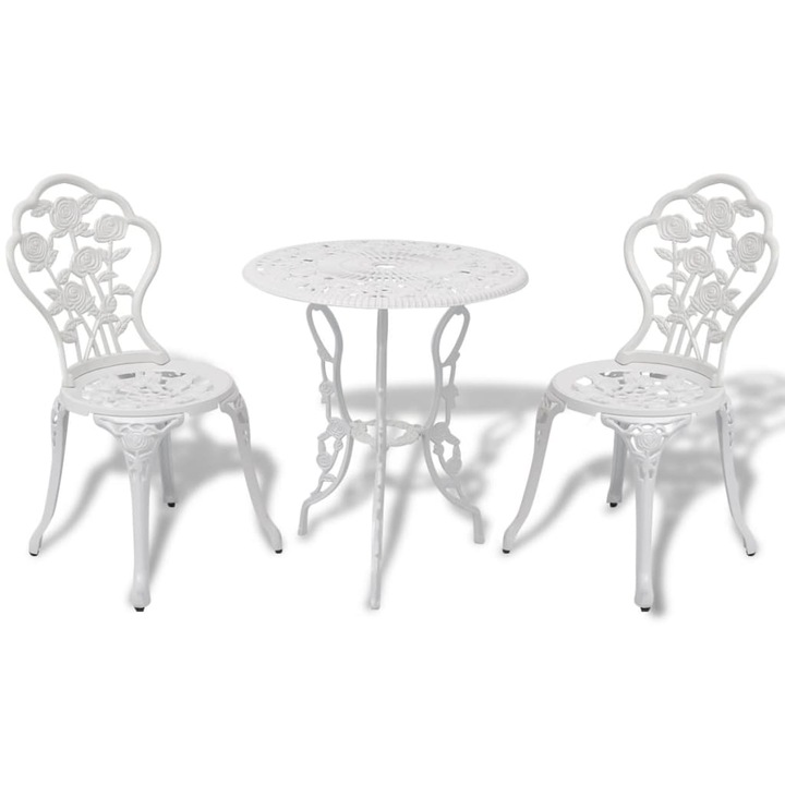 Set mobilier bistro vidaXL, 3 piese, alb, aluminiu turnat, 59 x 59 x 62 cm, 19.21 kg