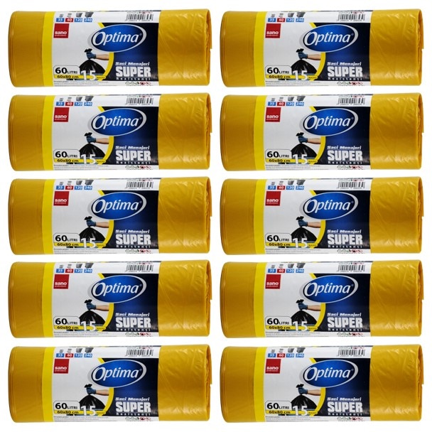 Pachet promo: 10 x Saci menajeri SANO 60L pentru pubela, Galbeni - 60x80cm, 10 role x 15 bucati / rola