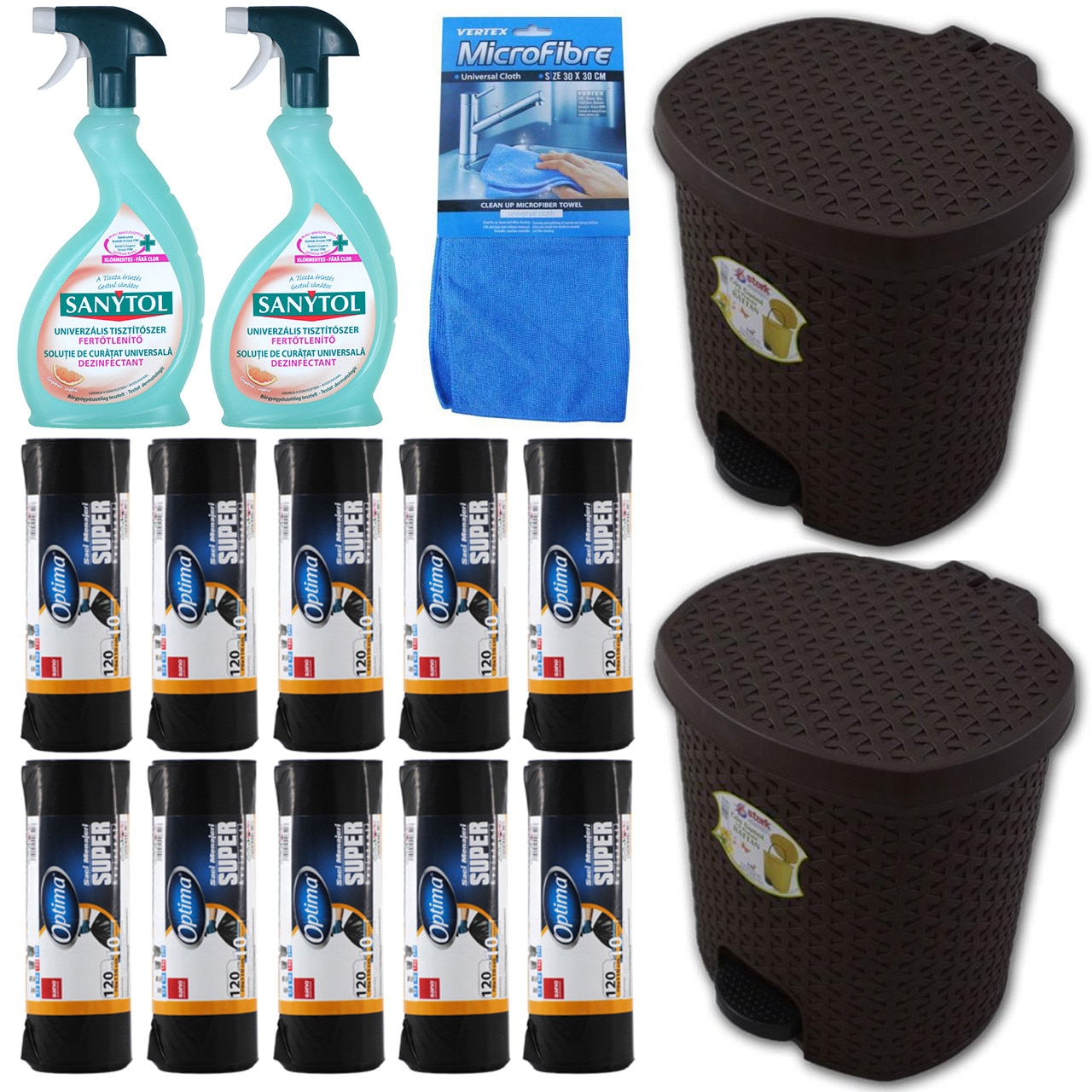 Pachet - 10 x Rola Saci menajeri negri pentru pubela, 70x110cm, 120L, 10buc/Rola + 2 x Dezinfectant Universal, Sanytol, 500ml + 2 x Cos de gunoi cu pedala, 5L + Laveta MicroFibre