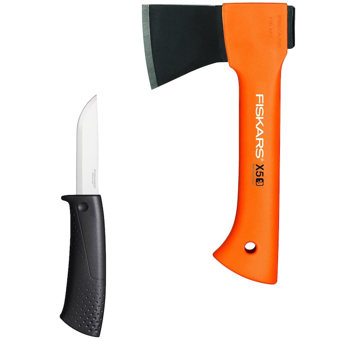 Комплект Fiskars: Къмпинг брадва X5 - XXS + Универсален нож с точило