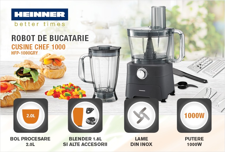 Robot De Bucatarie Heinner Hfp 1000gry 1000 W Accesorii Bol Lucru 2 L Blender 1 8 L Ansamblu Teluri Inox Discuri Feliere Maruntire Gri Emag Ro