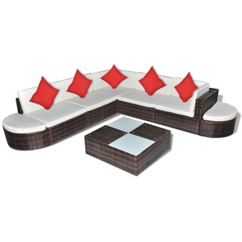 Set mobilier de gradina cu 27 piese, canapea in L, taburet si masa, vidaXL, Poliratan, Maro, 243.5 x 243.5 x 53.5 cm Set mobilier de gradina cu 27 piese, canapea in L, taburet si masa, vidaXL, Poliratan, Maro, 243.5 x 243.5 x 53.5 cm