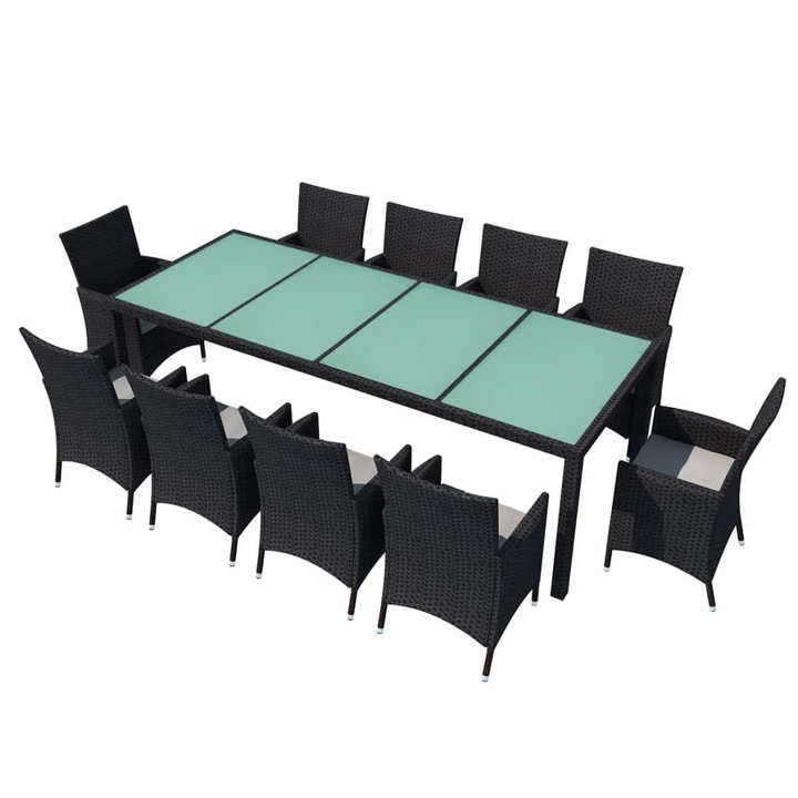 Set mobilier de exterior cu perne vidaXL, 11 piese, negru, poliratan, 115.85 kg