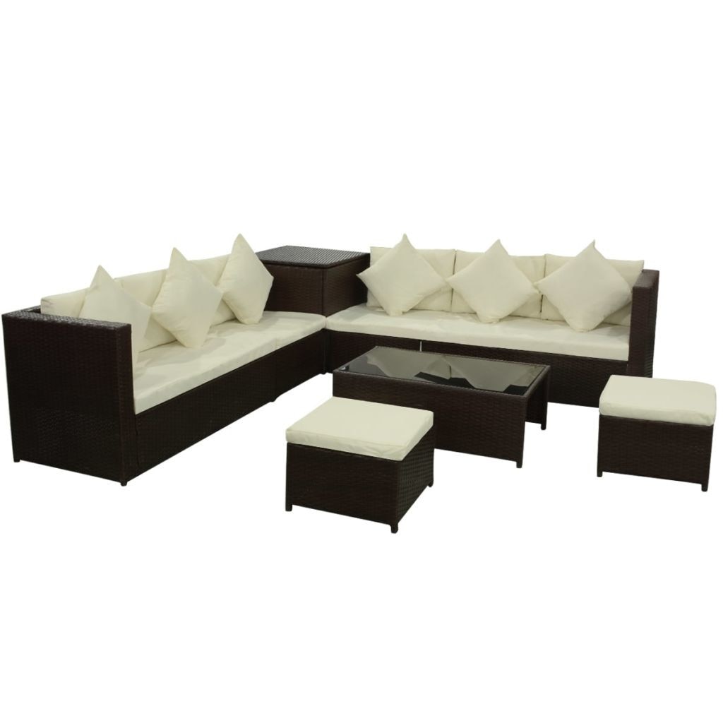 Set mobilier de gradina cu 26 piese, canapea, masa si tabureti, vidaXL, Poliratan, Maro, 220 x 220 cm