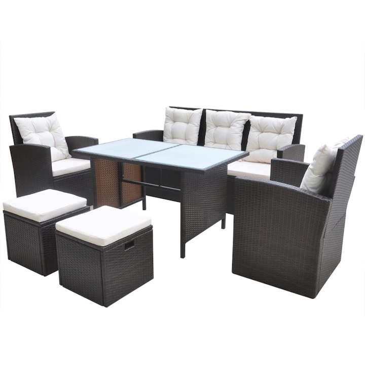 vidaXL 6-részes barna kültéri polyrattan étkezőszett párnákkal 63.8 kg 42644