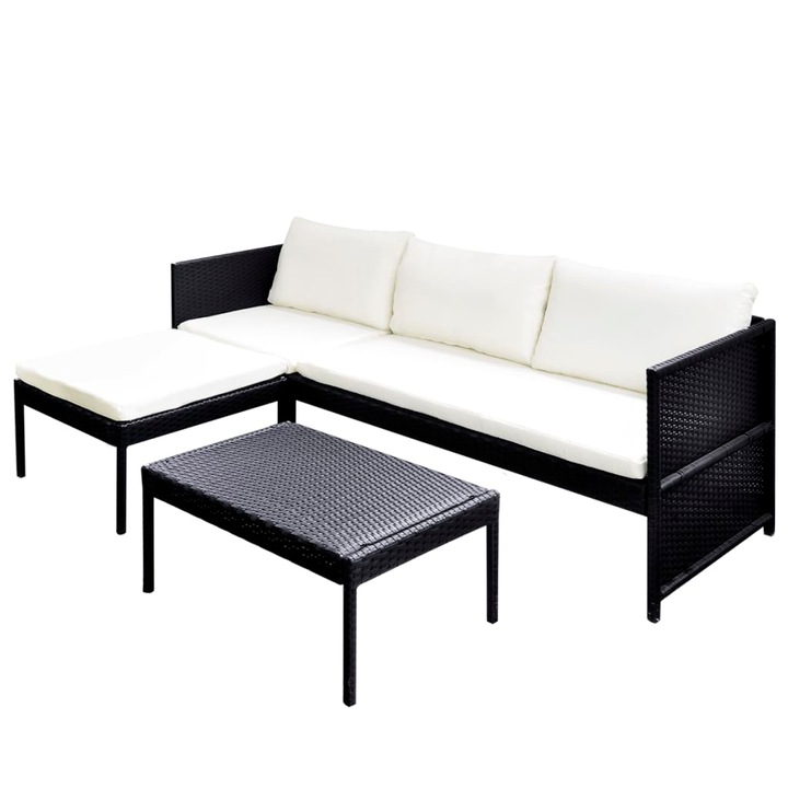 vidaXL 3 részes fekete polyrattan kerti bútorszett párnákkal 19.96 kg