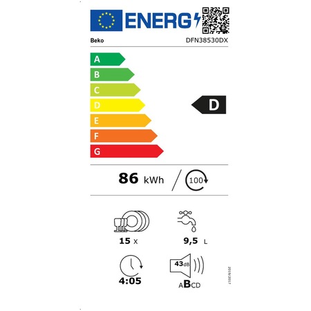 Masina de spalat vase Beko DFN38530DX, 15 seturi, 8 programe, Clasa D, Fast +, AQUAINTENSE, Motor ProSmart Inverter, 60 cm, Dark Inox