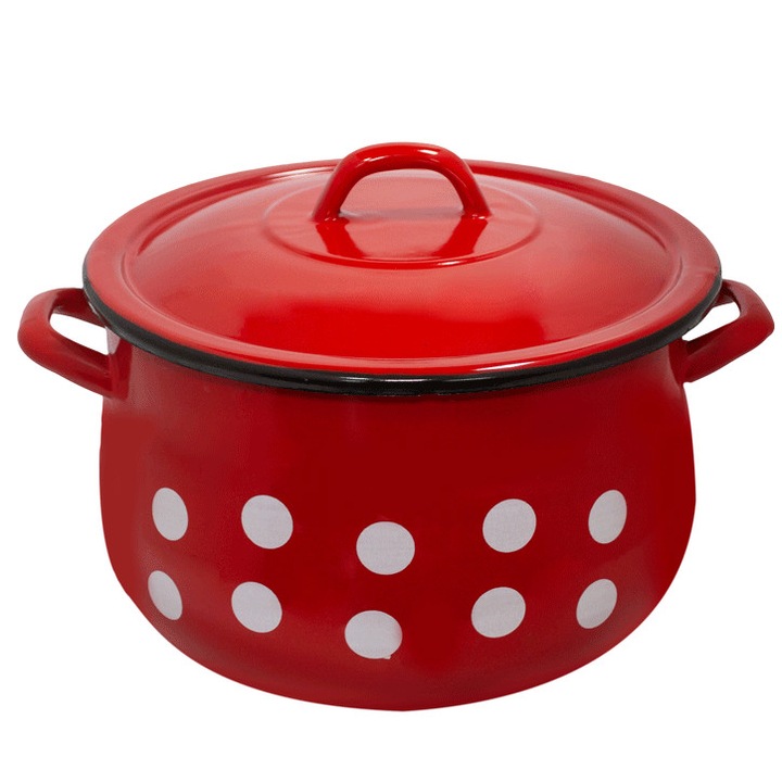 Oala emailata cu capac rosie cu buline albe 24cm