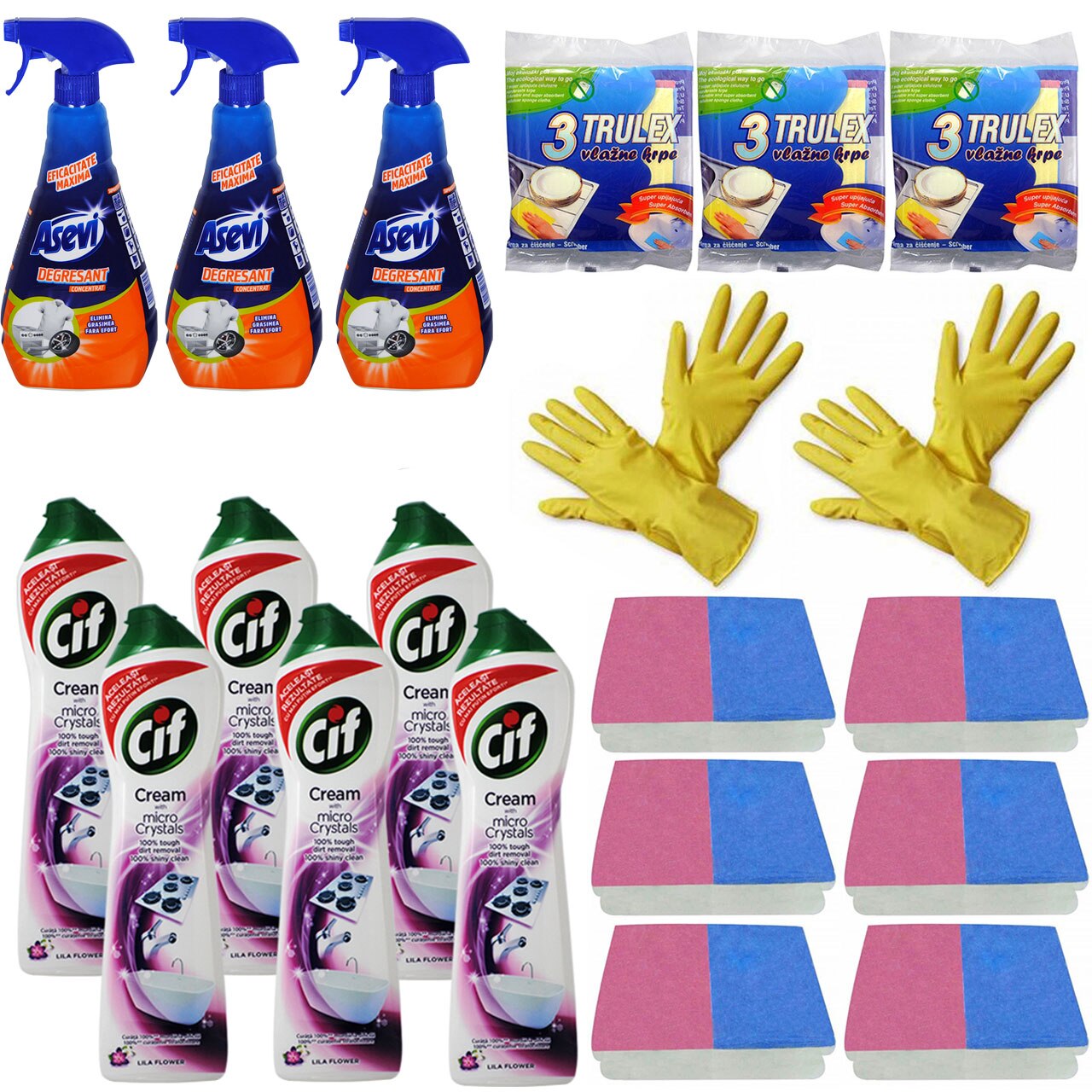 Pachet - 6 x Cif Micro Crystals, Lila Flower, 500ml + 3 x Asevi degresant, 750ml + 3 x Set 3 Lavete umede + 6 x Set 2 Bureti de vase + 2 x Manusi cauciuc