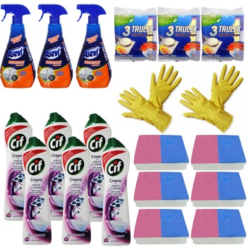 Pachet - 6 x Cif Micro Crystals, Lila Flower, 500ml + 3 x Asevi degresant, 750ml + 3 x Set 3 Lavete umede + 6 x Set 2 Bureti de vase + 2 x Manusi cauciuc Pachet - 6 x Cif Micro Crystals, Lila Flower, 500ml + 3 x Asevi degresant, 750ml + 3 x Set 3 Lavete umede + 6 x Set 2 Bureti de vase + 2 x Manusi cauciuc