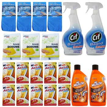 Pachet - 10 x Aktiv Clean, Odorizant WC, Lamaie, 30g/Cutie + 2 x Mr. Muscle Gel pentru desfundat tevile, 500 ml + 2 x Solutie de baie, Cif Bagno, 500ml + 4 x Laveta Microfibre + 3 x Set Lavete uscate, 3buc/Set Pachet - 10 x Aktiv Clean, Odorizant WC, Lamaie, 30g/Cutie + 2 x Mr. Muscle Gel pentru desfundat tevile, 500 ml + 2 x Solutie de baie, Cif Bagno, 500ml + 4 x Laveta Microfibre + 3 x Set Lavete uscate, 3buc/Set