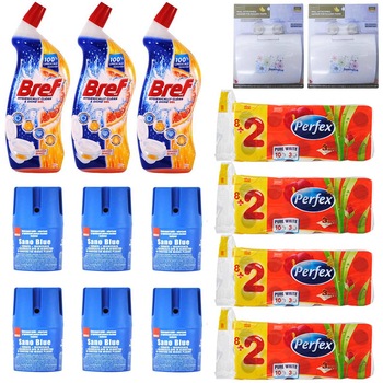 Pachet - 6 x Sano Blue, Odorizant WC solid si igienizant pentru bazinul toaletei 150g + 4 x Bax Hartie igienica, Perfex, 3 Straturi, 10 role/Bax + 3 x Solutie pentru vasul toaletei, Bref, Orange Burst, 700ml + 2 x Suport cu ventuze pentru hartie igienica Pachet - 6 x Sano Blue, Odorizant WC solid si igienizant pentru bazinul toaletei 150g + 4 x Bax Hartie igienica, Perfex, 3 Straturi, 10 role/Bax + 3 x Solutie pentru vasul toaletei, Bref, Orange Burst, 700ml + 2 x Suport cu ventuze pentru hartie igienica