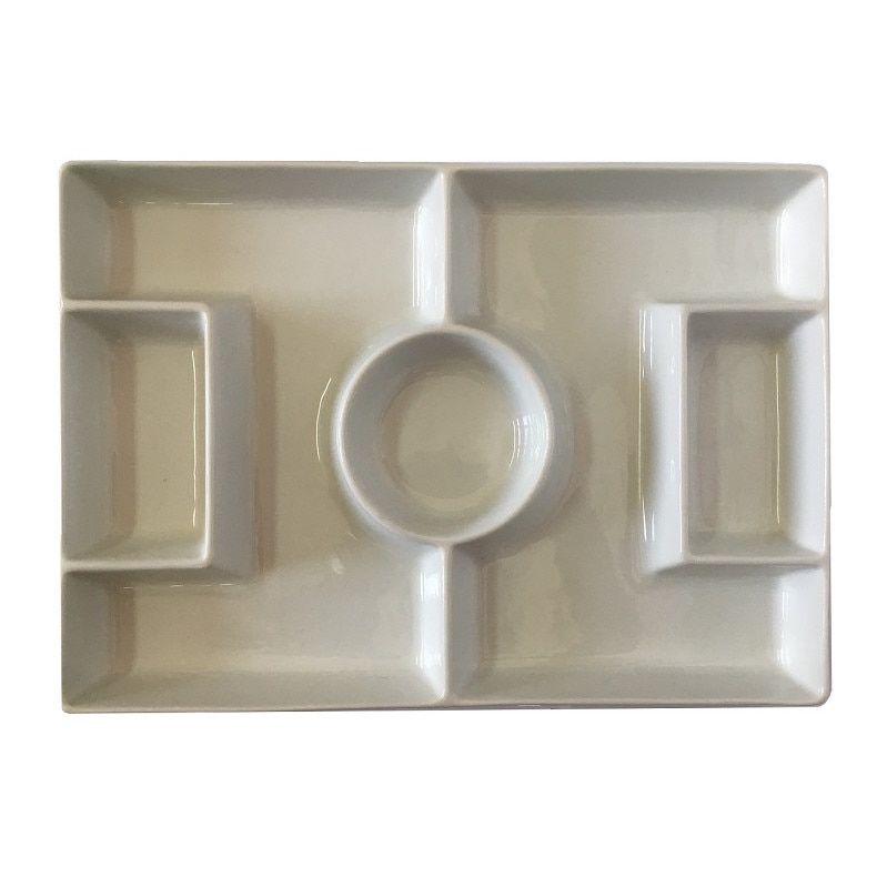 Platou servire compartimentata rectangular, portelan, 35,5*25,5 cm Potrivit pentru aperitiv si sosuri pe un singur platou