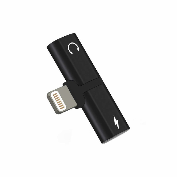 Adaptor 2in 1 iPhone, Splitter iPad Casti si Charger, Negru