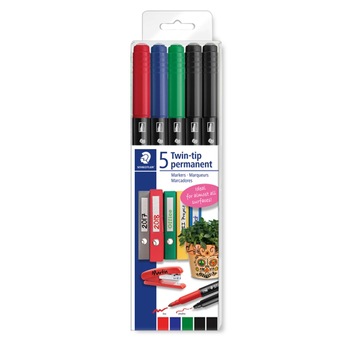 Marker permanent Staedtler 2 capete 5culori/set ST-3187-TB5 Marker permanent Staedtler 2 capete 5culori/set ST-3187-TB5