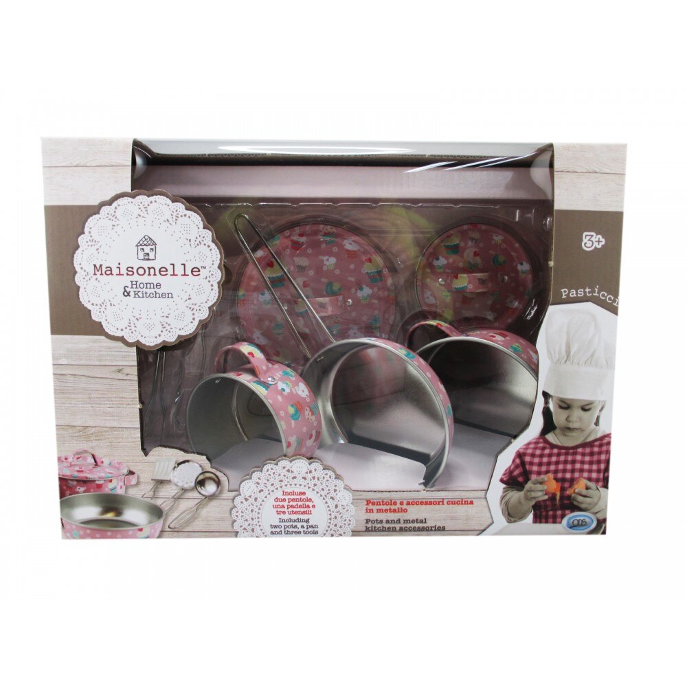 Set de gatit 2 oale 1 tigaie si ustensile metalice colorate Maisonelle