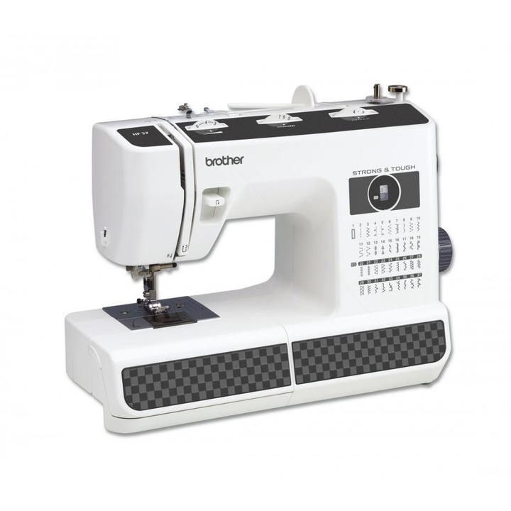 Masina de cusut electromecanica Brother HF27, Strong & Tough, pentru materiale groase, 27 cusaturi, butoniera 1 pas, iluminare LED, pedala de picior, 850 imp/min, Alb