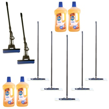 Pachet - 5 x Mop plat cu coada, Mop flexibil din bumbac, 120cm + 4 x Solutie curatat parchetul, Pronto lemn, 750ml + 2 x Mop PVA cu coada telescopica si storcator Pachet - 5 x Mop plat cu coada, Mop flexibil din bumbac, 120cm + 4 x Solutie curatat parchetul, Pronto lemn, 750ml + 2 x Mop PVA cu coada telescopica si storcator
