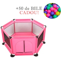 Tarc pentru Bebe Roz cu set de 50 de Bile Multicolore Cadou, dimensiune 128 x 113 x 65cm