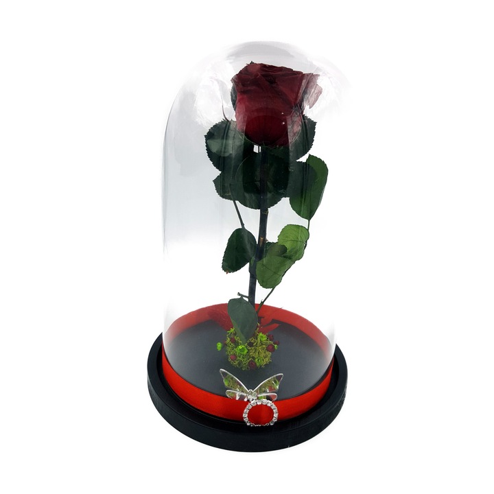 Trandafir criogenat Wide Flowers ®, rosu, pe pat de muschi, in cupola medie de sticla cu baza neagra