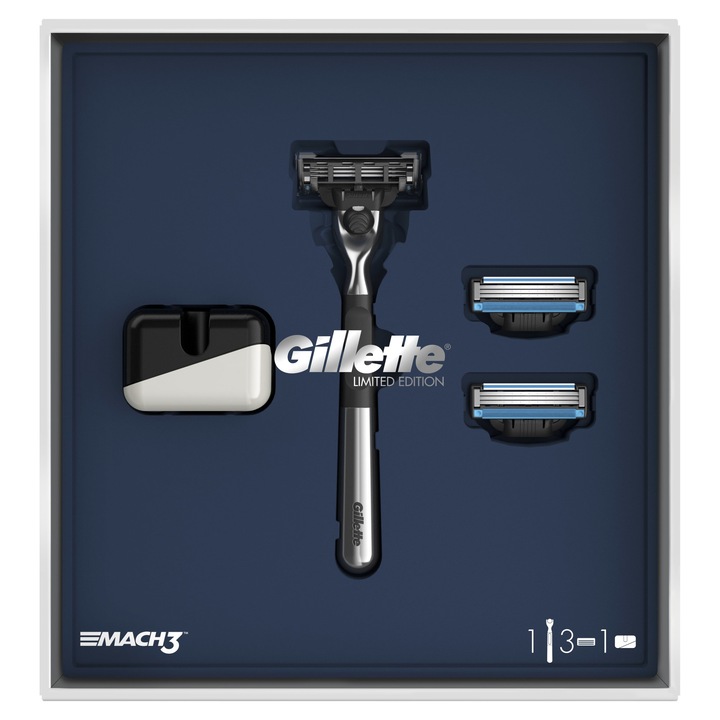 Set cadou: Aparat de ras Gillette Mach3 + 2 rezerve + suport