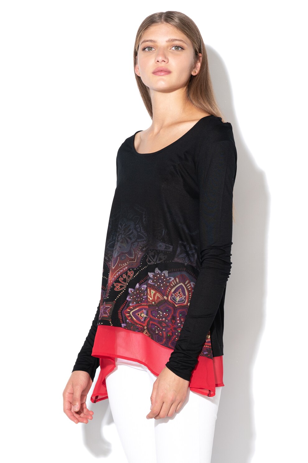 DESIGUAL, Bluza din jerseu cu garnitura de sifon Olga, Negru