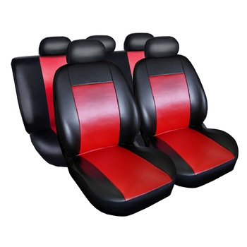 Huse Scaune Auto Piele Ecologica Comfort Negru/Rosu - 9 Buc Universale Huse Scaune Auto Piele Ecologica Comfort Negru/Rosu - 9 Buc Universale
