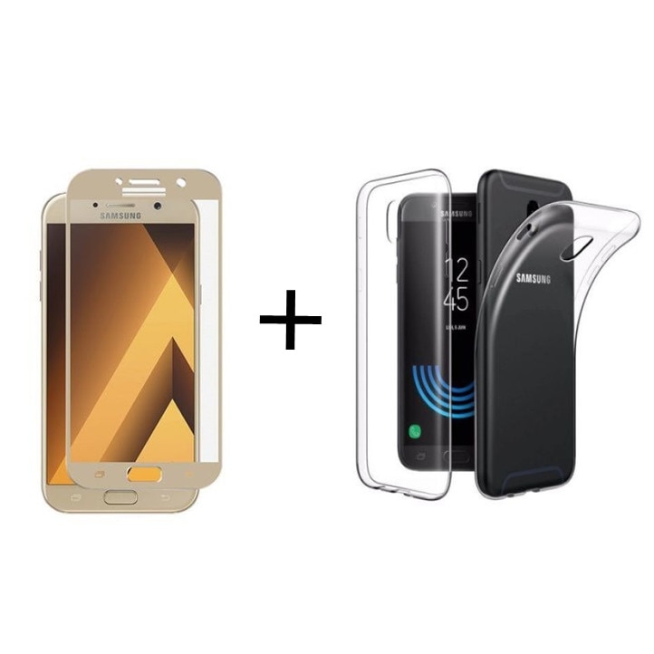 Pachet Folie Sticla Full Glue Aurie + Husa silicon transparenta Samsung Galaxy J3 2017
