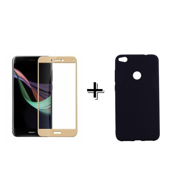 Pachet Folie Sticla 3D Aurie + Husa silicon Neagra Huawei P8/P9 LITE 2017
