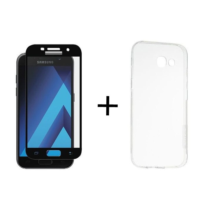 Pachet Folie Sticla 3D Negru + Husa silicon transparenta Samsung Galaxy A5 2017