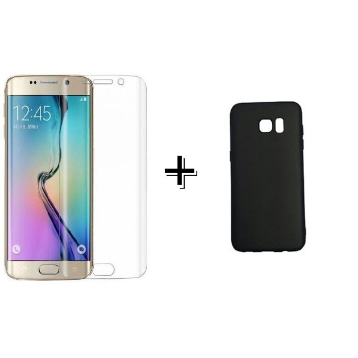 Pachet Folie Sticla 3D Transparent + Husa silicon Neagra Samsung Galaxy S6 Edge
