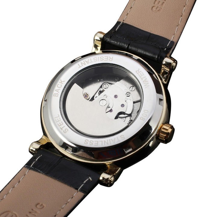 Мъжки часовник Forsining, Moon Phase, Нощен/Ден дисплей, Кожена каишка, Черен