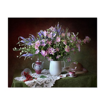 Tablou Canvas - Natura Moarta, Flori de camp, Vaza, Ceasca, Fructe, Palarie, 80 x 100 cm Tablou Canvas - Natura Moarta, Flori de camp, Vaza, Ceasca, Fructe, Palarie, 80 x 100 cm